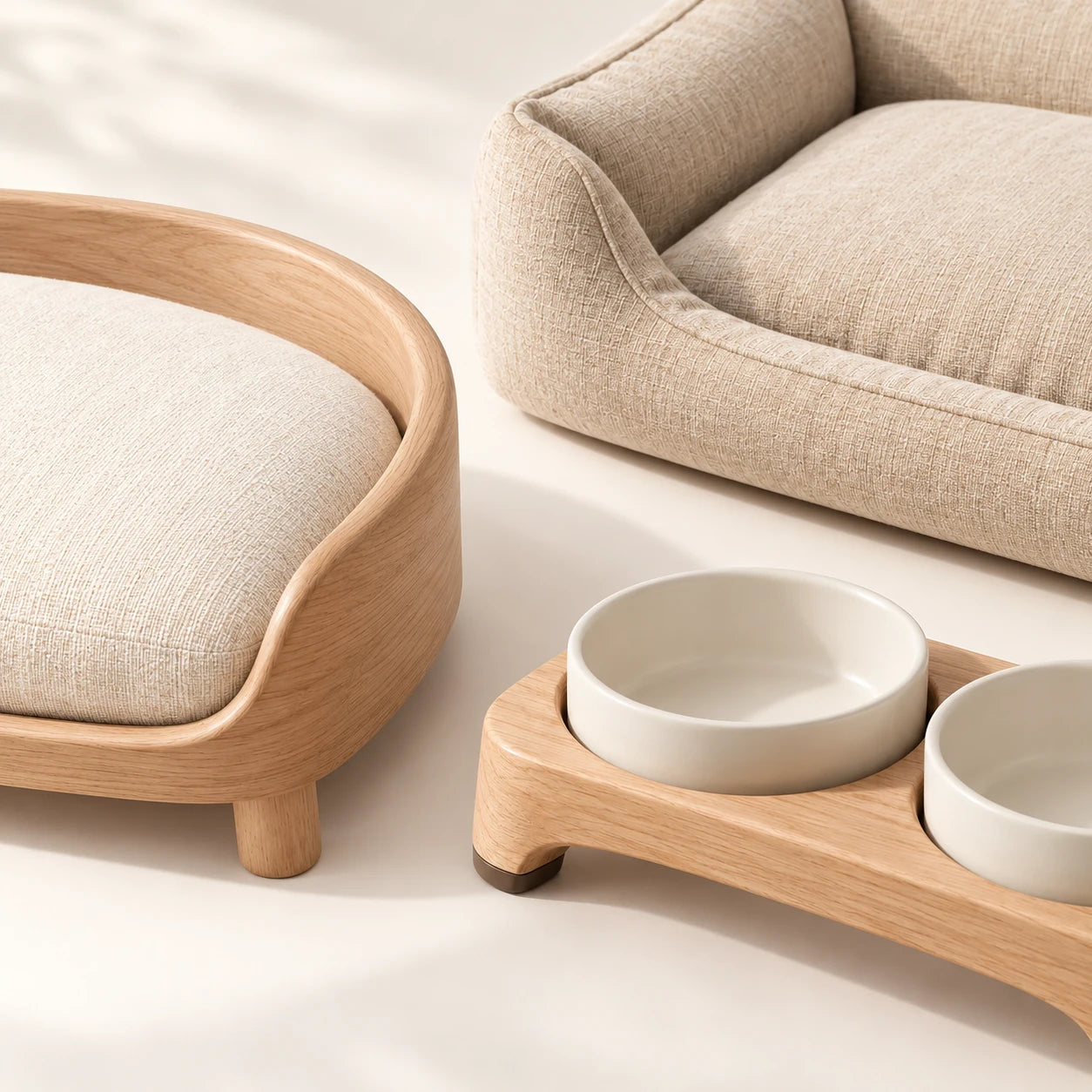 Oskerin wood, woven fabric and ceramic details